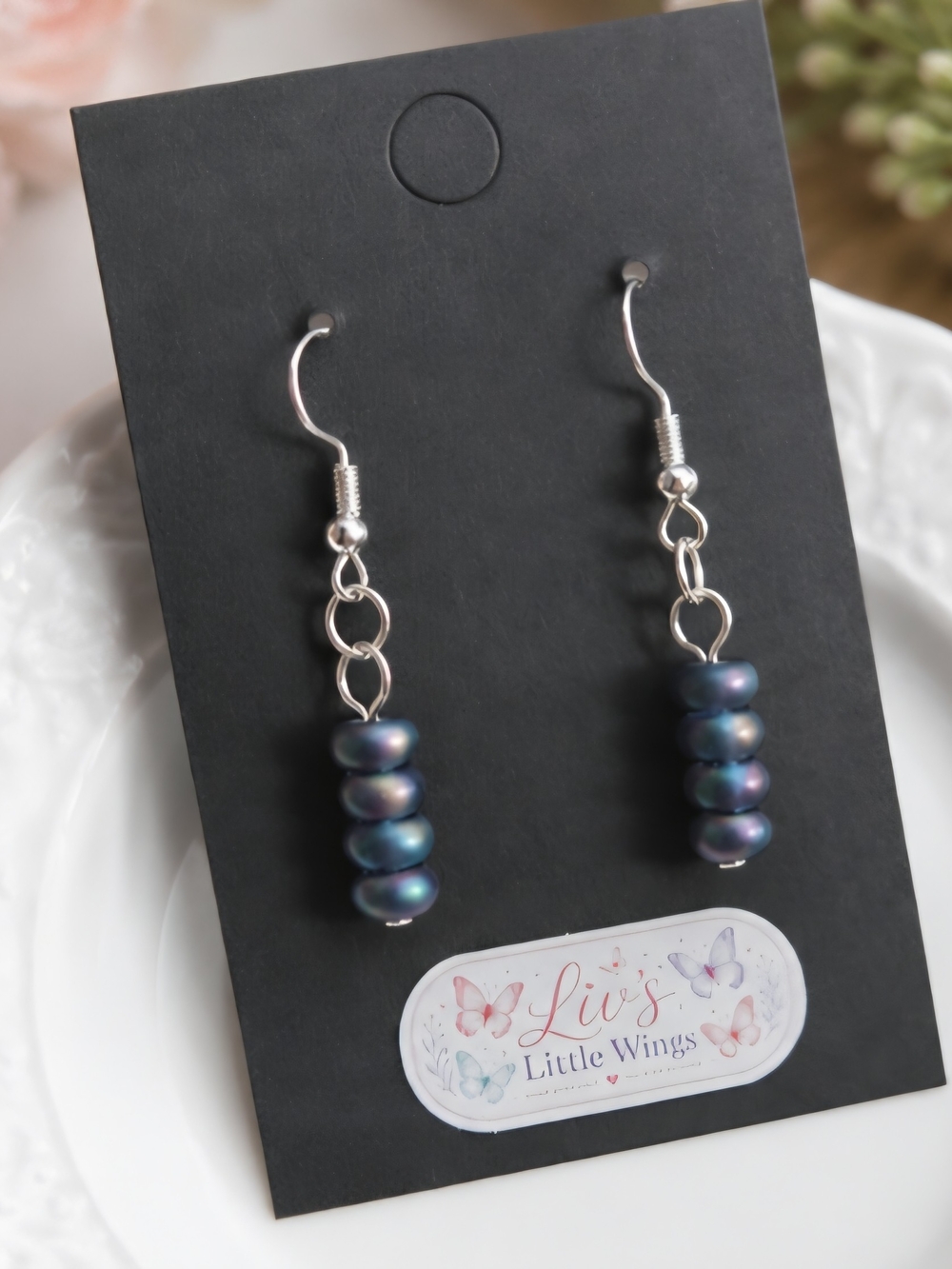 Liv's Little Wings Iridescent Navy Pearl Drop Earrings